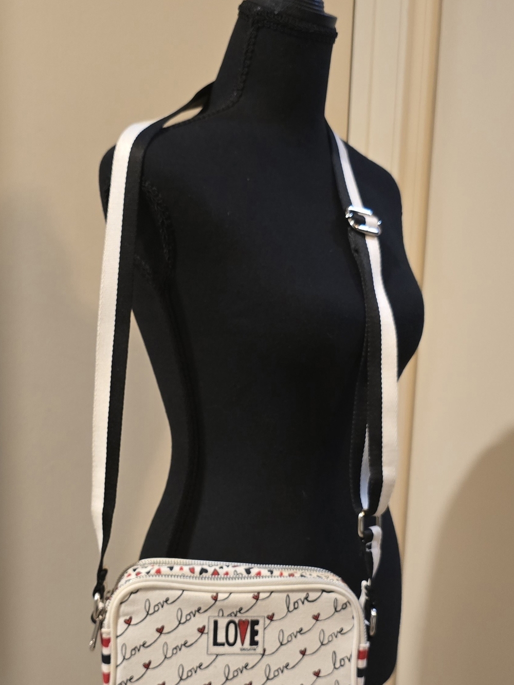 Brighton LOVE Canvas Purse Cream Red Black Heart Print Striped Shoulder Bag